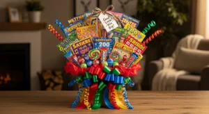 Scratch off lottery ticket gift basket filled with tickets and candy