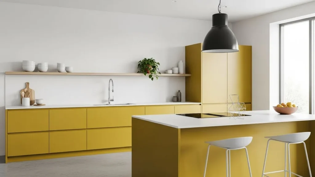 Mustard yellow kitchen cabinet color idea
