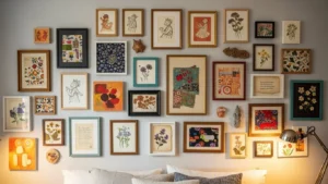 Bedroom gallery wall ideas featuring modern framed art above bed