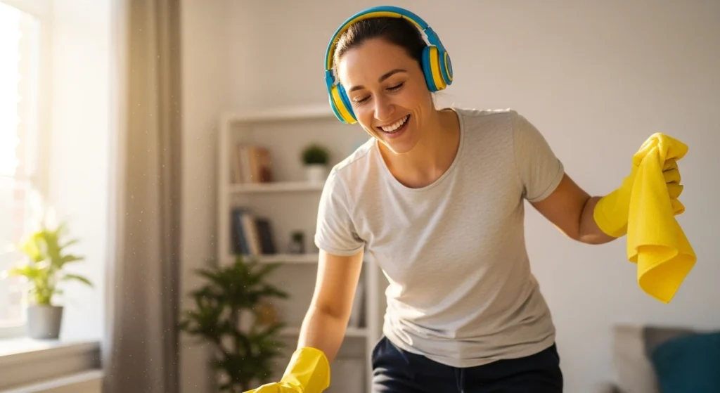 Cleaning motivation with music and podcasts
