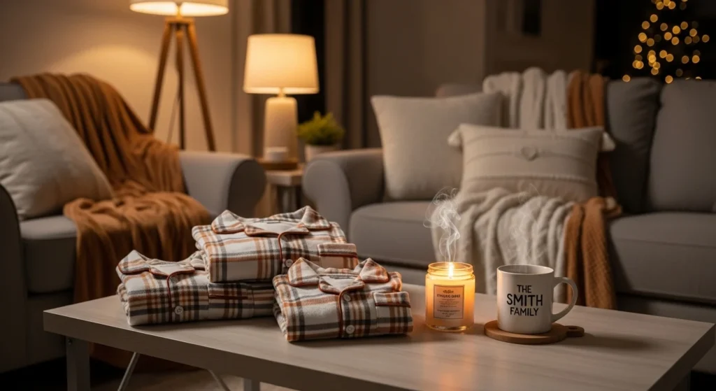 Cute and cozy Valentine’s Day gifts like matching pajamas, scented candles, and custom mugs in a relaxed home setting