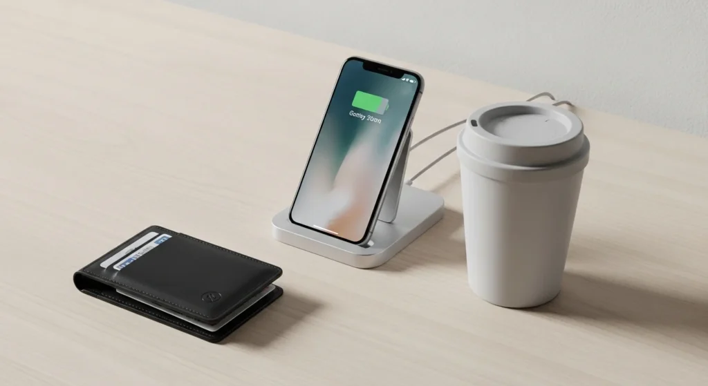 Practical Valentine’s Day gift ideas such as a sleek wallet, phone charging dock, and reusable coffee cup