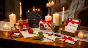 Romantic and unique Valentine’s Day gift ideas displayed on a cozy table with candles, handwritten notes, and small thoughtful presents