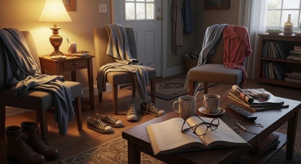 Messy cluttered house before fast cleaning