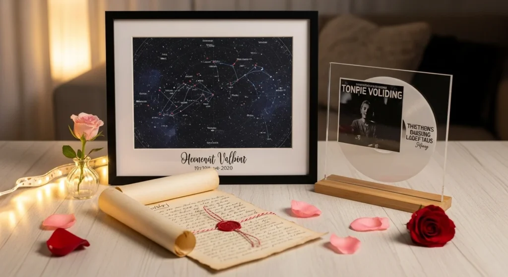 Personalized Valentine’s Day gifts including a custom star map, handwritten letter, and music-themed keepsake