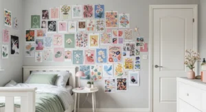Aesthetic wall collage decor in cozy teen bedroom