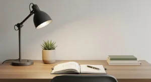 Minimalist desk setup in cozy teen bedroom