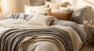 Layered cozy bedding with fluffy blankets and pillows