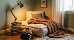 Cozy reading corner in teen bedroom with soft lighting and cushions