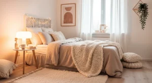Neutral cozy teen bedroom with beige tones and soft layered textures