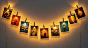 Personal photo display with lights in teen bedroom