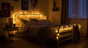 Cozy teen bedroom with fairy lights creating warm soft glow