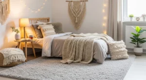 Plush rug adding warmth to cozy teen bedroom