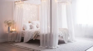 Dreamy canopy bed with soft curtains and cozy lighting