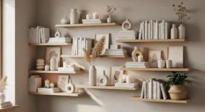Floating shelves styled in cozy teen bedroom