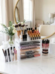Acrylic organizers keeping vanity clean and organized