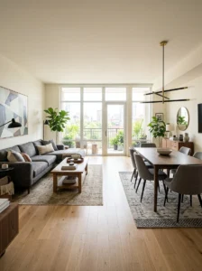 Balanced layout in open concept living and dining space