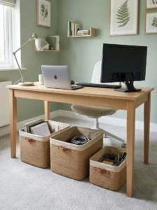 Storage baskets keeping home office tidy
