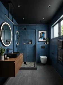 Black ceiling with blue walls bathroom