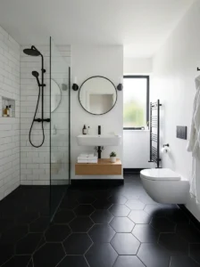 Black tile floor in bathroom