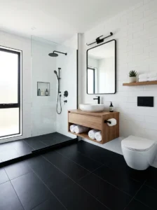 Black floor with light walls bathroom