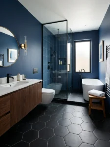 Black floor with blue walls bathroom