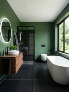 Black floor green wall bathroom