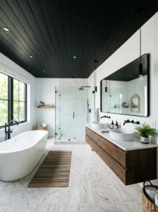 Black shiplap ceiling bathroom