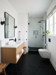 Black floor white wall bathroom
