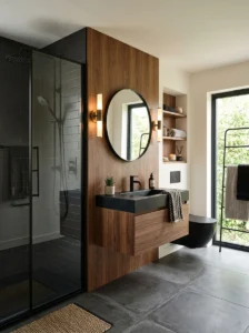 Black and wood bathroom design