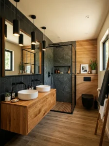Black and wood bathroom design