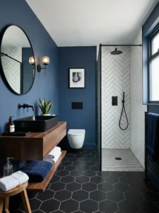 Balanced blue and black bathroom layout