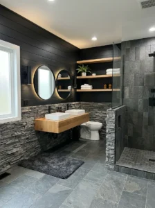 Mixed material black shiplap bathroom