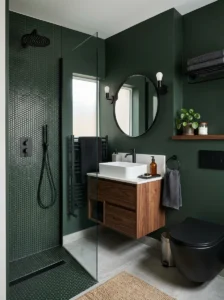 Dark green walls with black fixtures bathroom