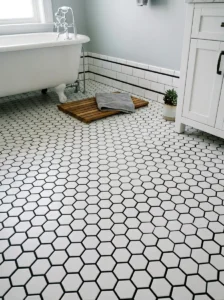 White tile floor with black grout