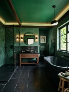 Green ceiling black bathroom