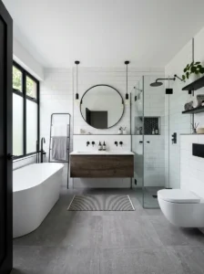 Grey floor black white bathroom