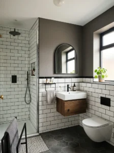 Half wall white tile with black grout