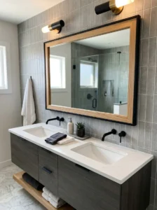 Dual tone frame mirror in bathroom