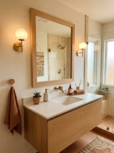 Wood framed mirror adding warmth to bathroom