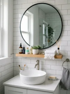 Mirror with built-in shelf in bathroom