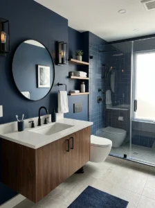 Navy blue bathroom with black fixtures
