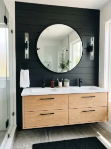 Black shiplap behind vanity