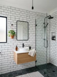 Full wall white tile with black grout