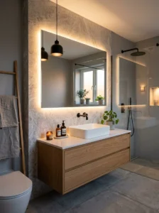 Backlit LED mirror in modern bathroom