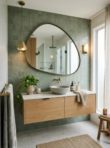 Asymmetrical mirror in modern bathroom