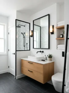 Black framed mirror in bathroom