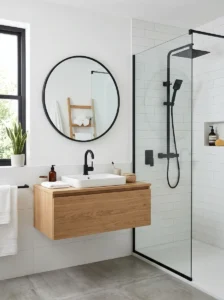 Matte black bathroom fixtures in modern space