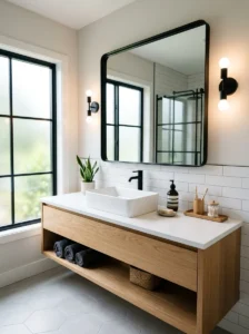 Black framed mirror in bathroom