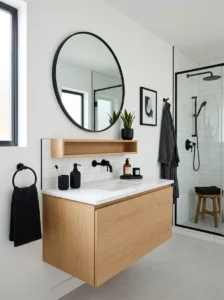 Minimal black decor accents in bathroom